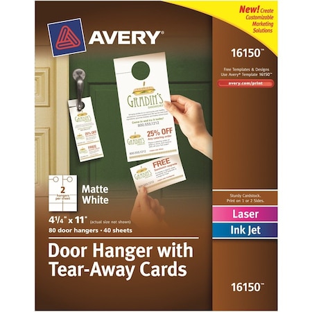 Avery Laser Inkjet Tear-Away Cards Door Hanger, 11" H x 4.3" W, White, 100 PK AVE16150